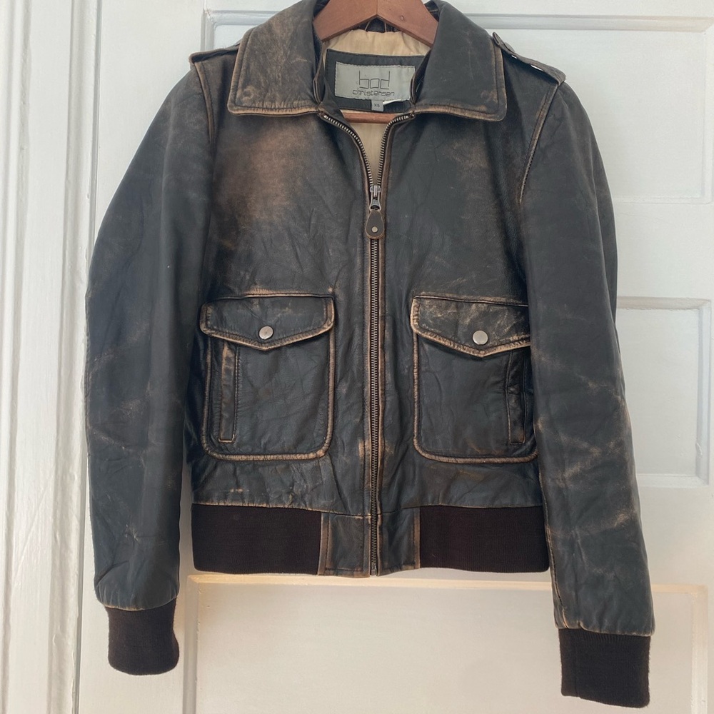 dad Gear & Supply Distressed Black Leather Bomber Jacket